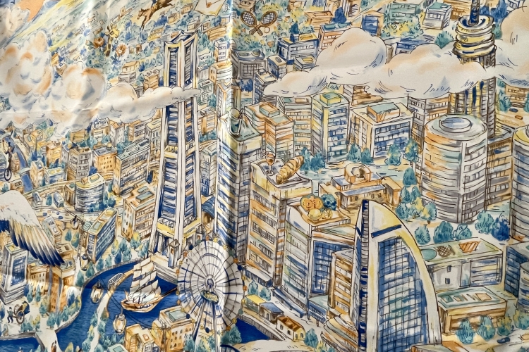以天空的视点描绘出港未来街道的素描风格设计的围巾